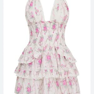LoveShackFancy Floral Pink and White Mini Dress